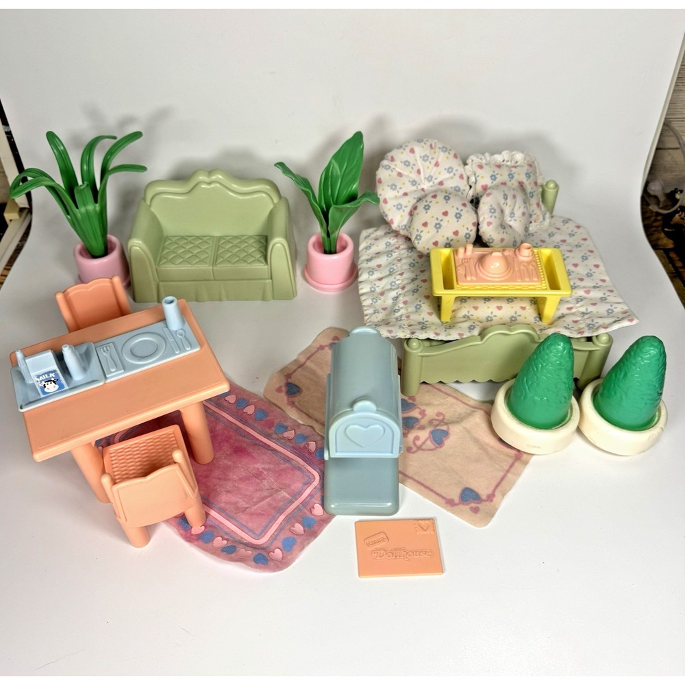 Vintage Playskool Dollhouse 1990s Furniture Lot Living Room Bed Table Mailbox
